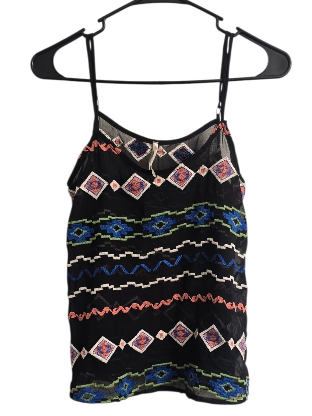 Mono B Whimsygoth BOHO Chic Black Multicolor Sheer Aztec Print Tank Top Blouse S